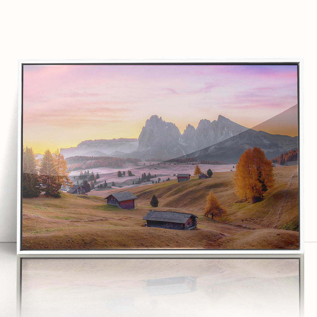 Mid-century modernist art depicting the Dolomites in muted earth tones on a framed acrylic, ideal for nursery wall decor.