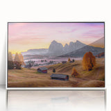 Mid-century modernist art depicting the Dolomites in muted earth tones on a framed acrylic, ideal for nursery wall decor.