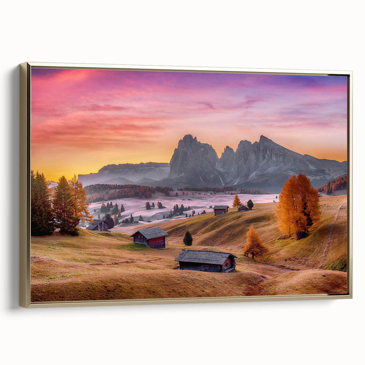 Framed canvas depicting the Dolomites in Italy, using a vintage poster art style with a black and gold color scheme.