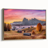 Framed canvas depicting the Dolomites in Italy, using a vintage poster art style with a black and gold color scheme.