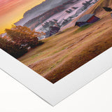 Art deco poster of the Dolomites in muted green and blue tones on rolled canvas, suitable for dining room wall art.