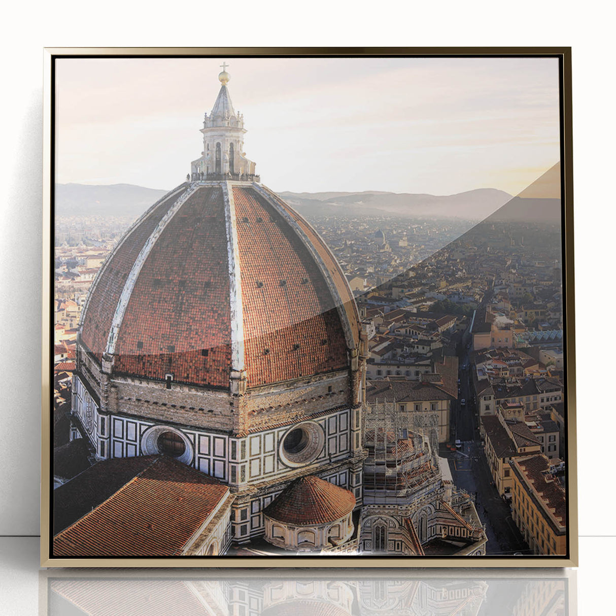 Framed acrylic print of Florence cityscape in muted gold and blue tones, ideal for modern art wall decor.