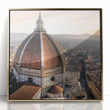 Framed acrylic print of Florence cityscape in muted gold and blue tones, ideal for modern art wall decor.
