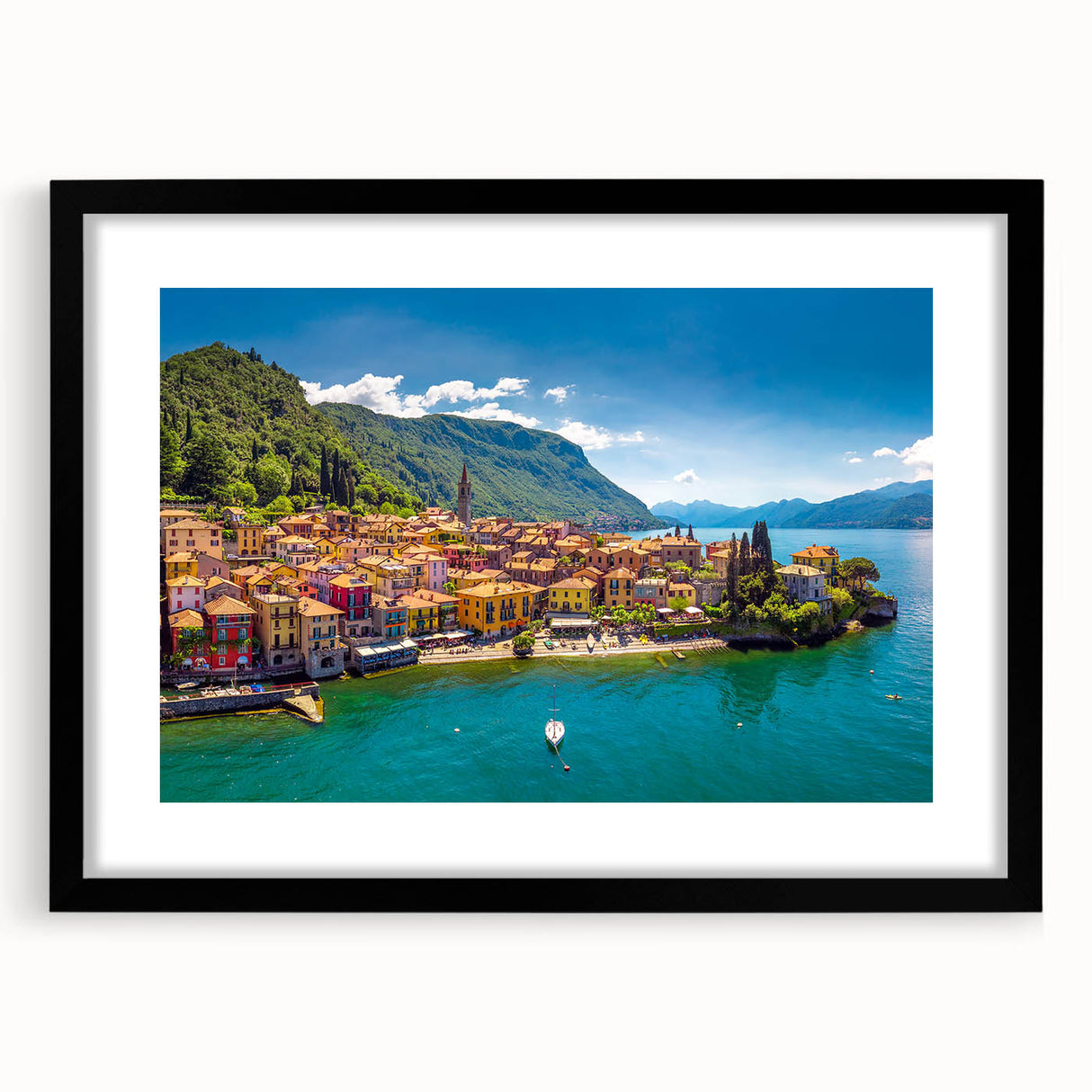 Extra large abstract art print of Lake Como with vibrant colors and textured details on a framed canvas.