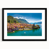 Extra large abstract art print of Lake Como with vibrant colors and textured details on a framed canvas.