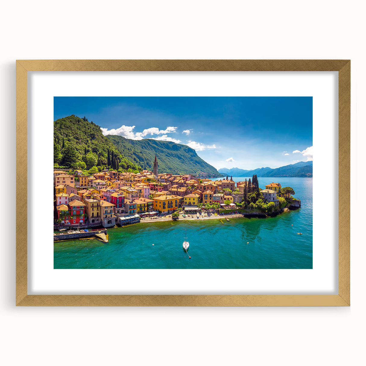 Abstract art print of Lake Como with muted blue and green tones on a framed canvas, ideal for dining room decor.