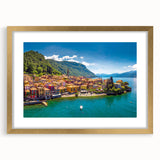 Abstract art print of Lake Como with muted blue and green tones on a framed canvas, ideal for dining room decor.