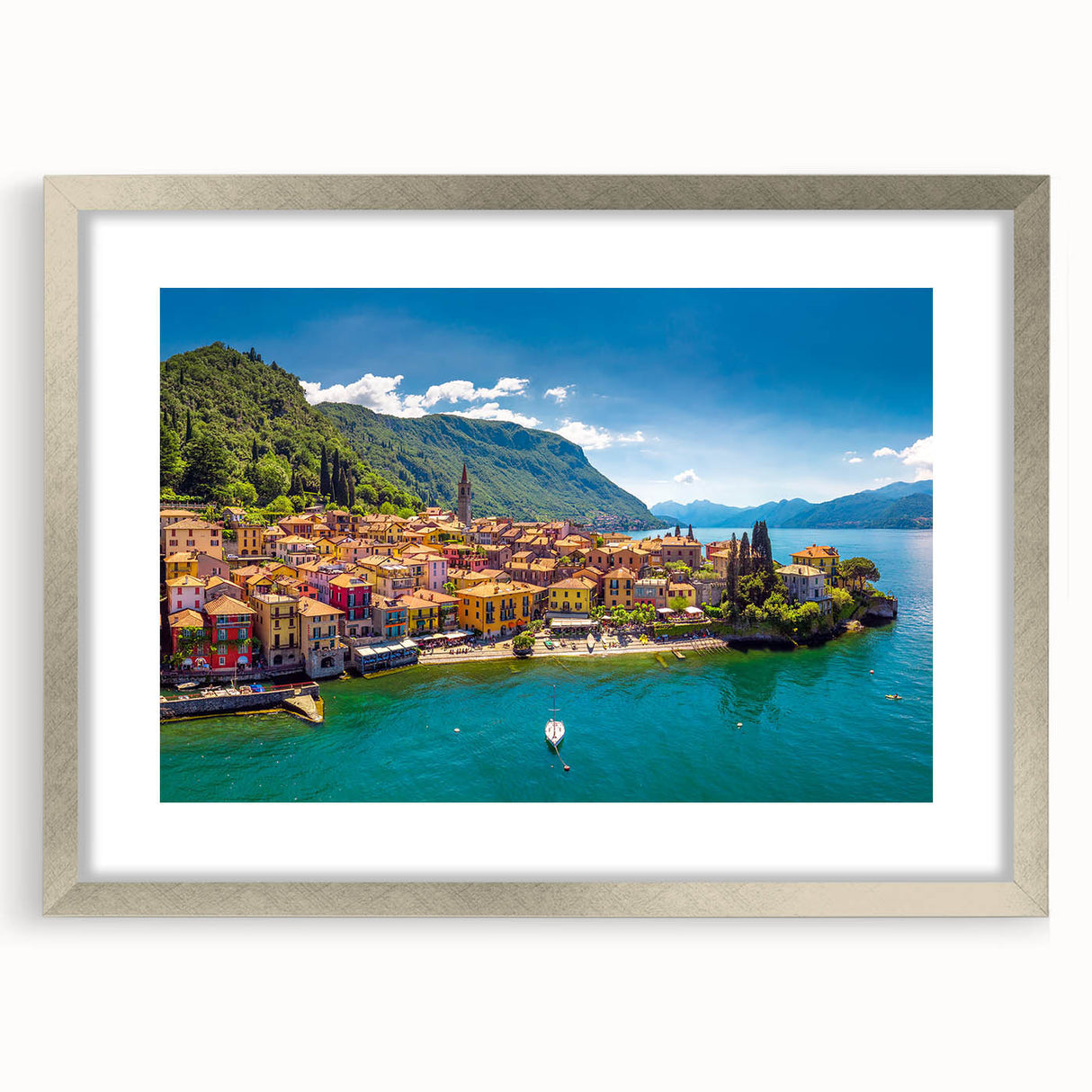 Extra large abstract art print of Lake Como with textured elements, rendered in cool blue and silver tones.