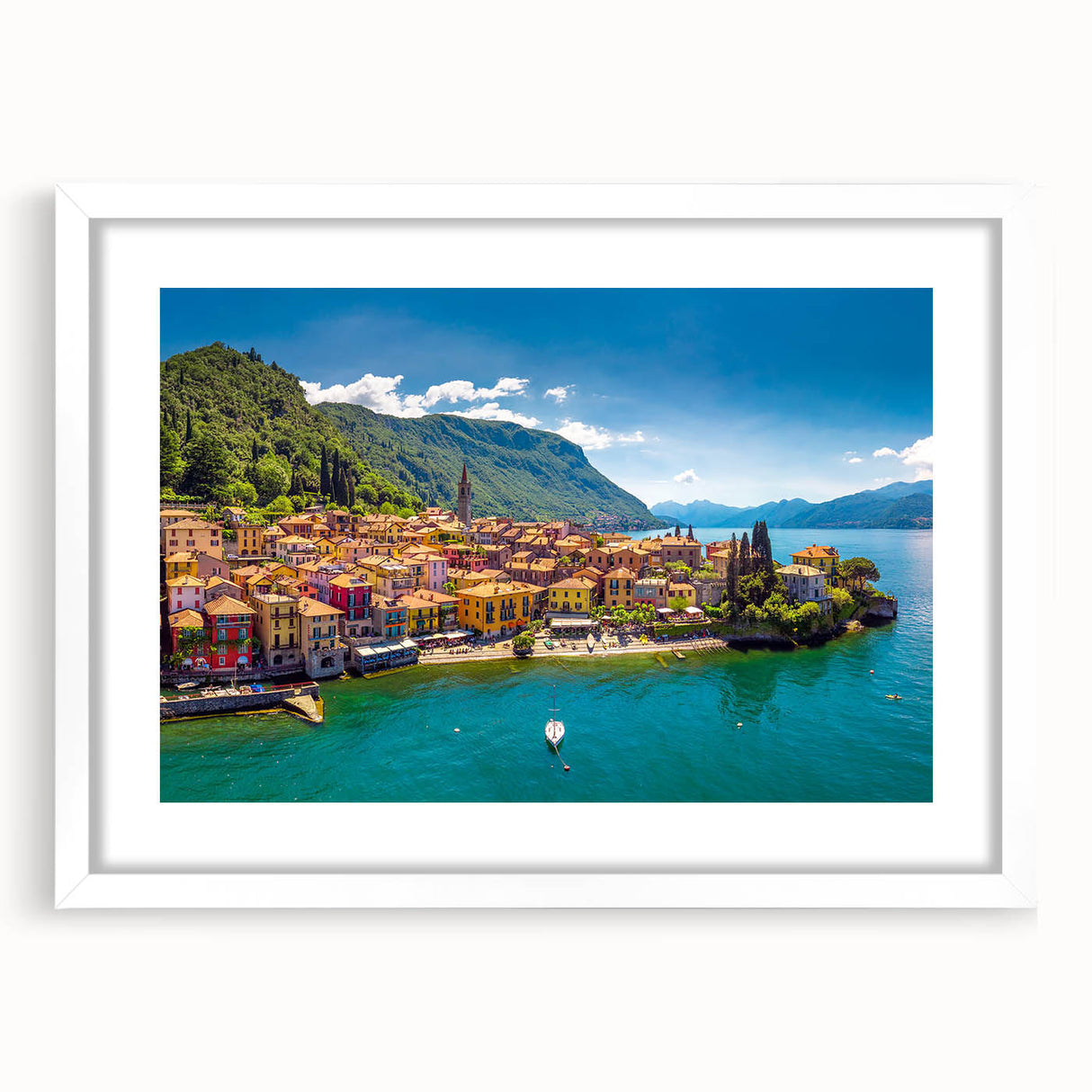 Textured abstract art print of Lake Como with muted blue and green hues, framed with a white mat, ideal for bedroom art.