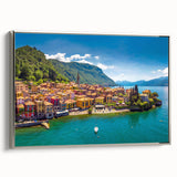 Landscape art painting of Lake Como with vibrant colors on a framed canvas, ideal for living room decor.