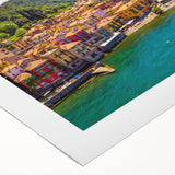 Art deco poster of Lake Como with serene blue and green hues on rolled canvas, suitable for dining room wall art.