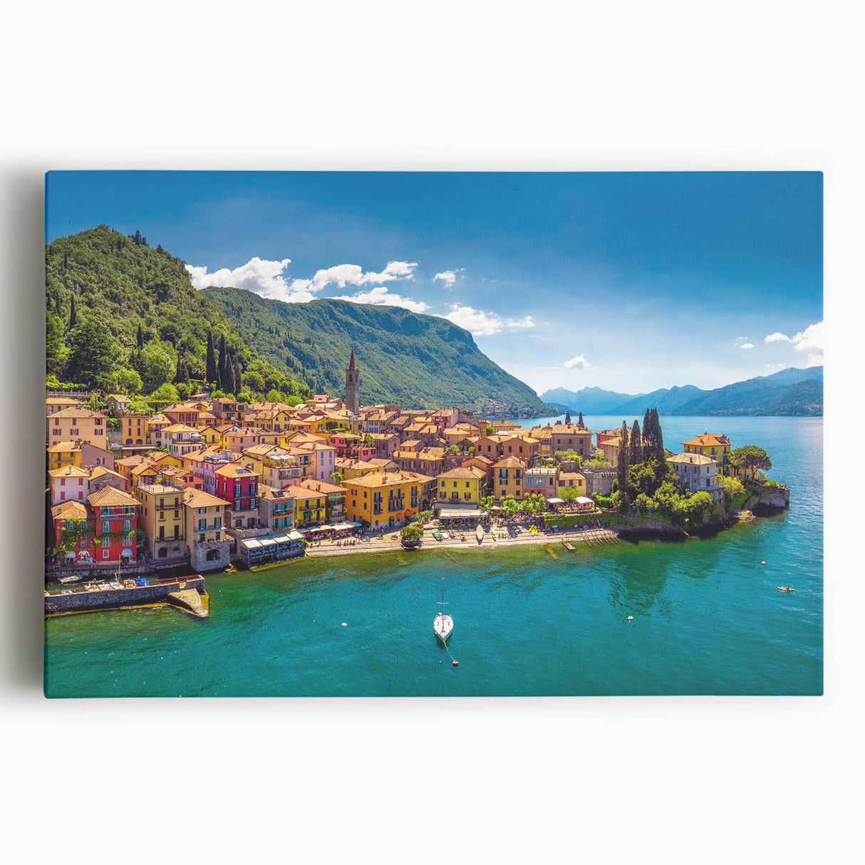 Black and white photograph of Lake Como on stretched canvas, ideal for kitchen wall art or bedroom ambiance.