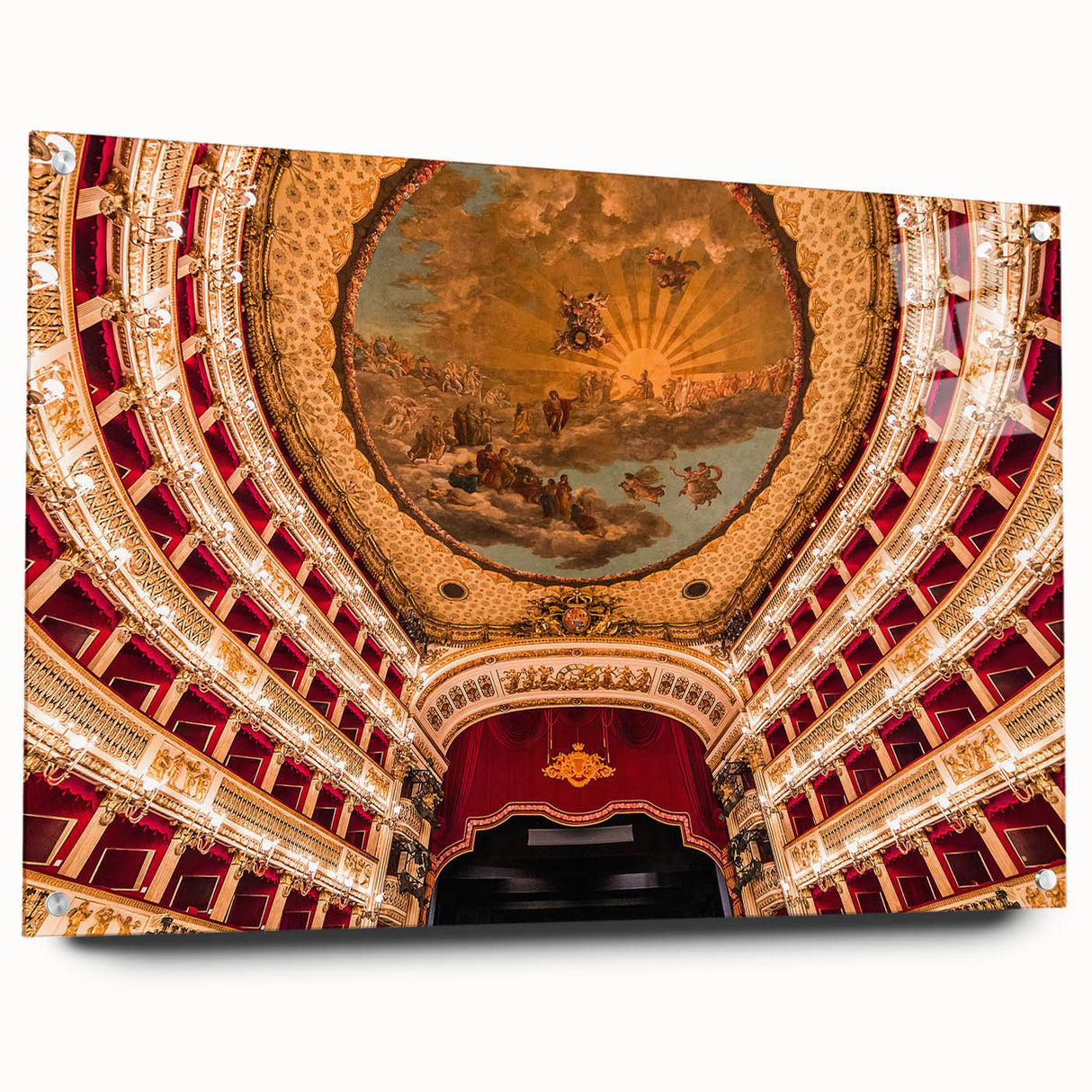 Acrylic print of Naples scenery with vibrant hues of blue and yellow, ideal for dining room decor.
