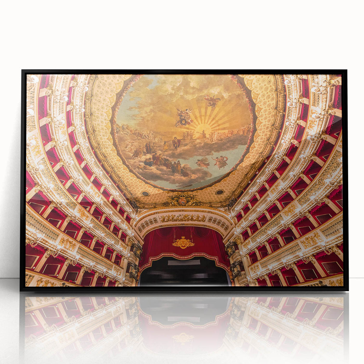 Large abstract wall art depicting a Naples, Italy scene in mid-century modernist style, framed in black acrylic.