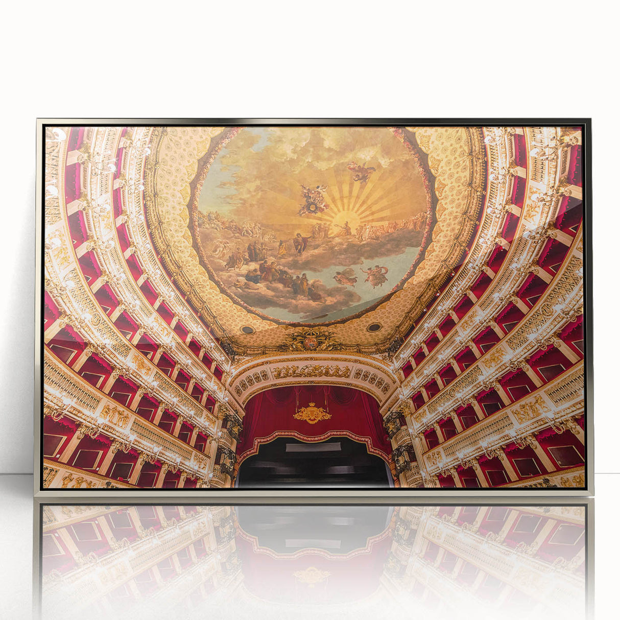 Large art print of Naples scenery in silver framed acrylic, with mid-century modernist style.