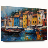 Large abstract portrayal of Portofino, Italy in vibrant hues on acrylic glass, ideal for bedroom or dining room art.