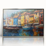 Mid-century modernist acrylic print of Portofino, Italy scenery in vibrant colors, ideal for modern art wall decor.