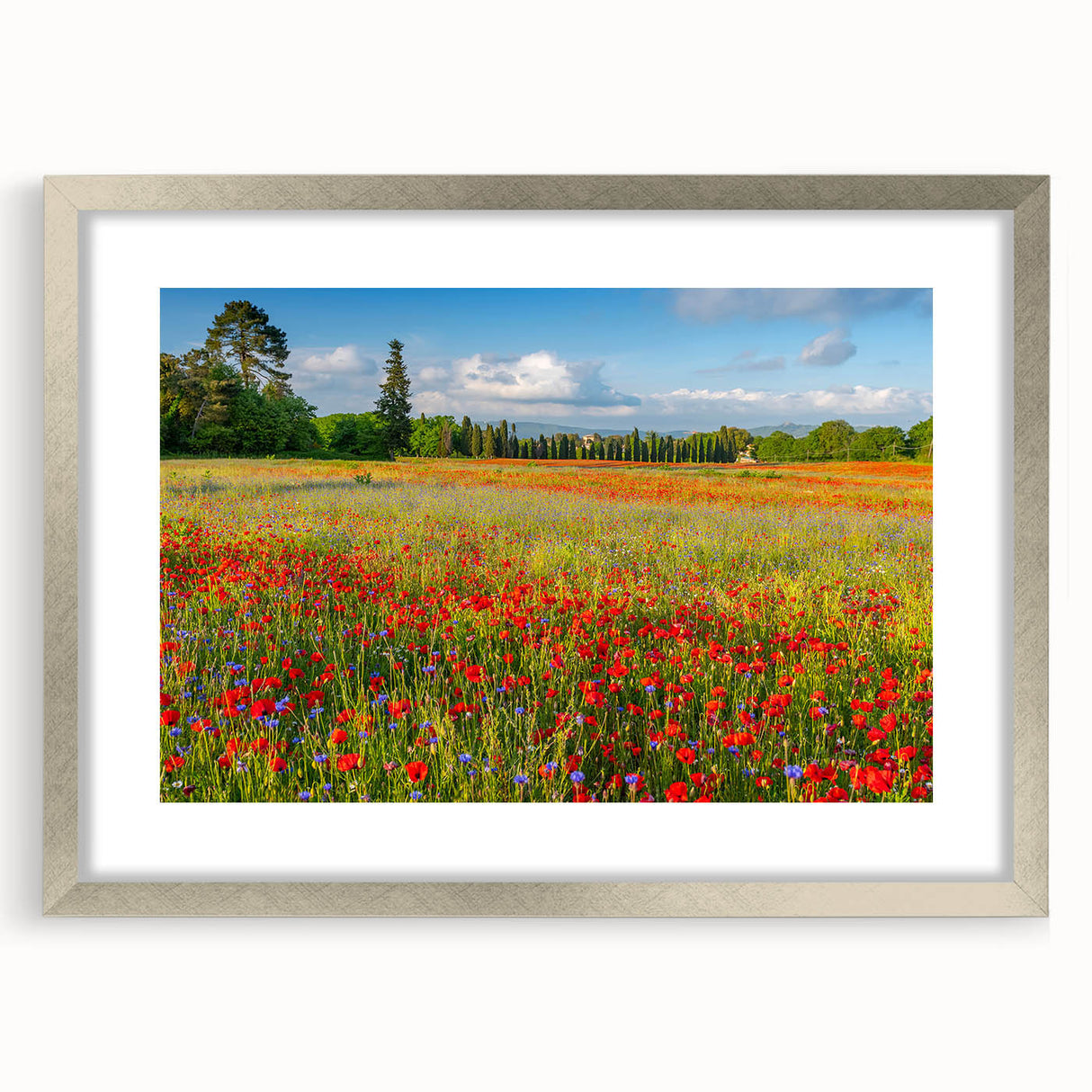 Extra large abstract art print of Tuscany landscape in silver frame, featuring textured earth tones.
