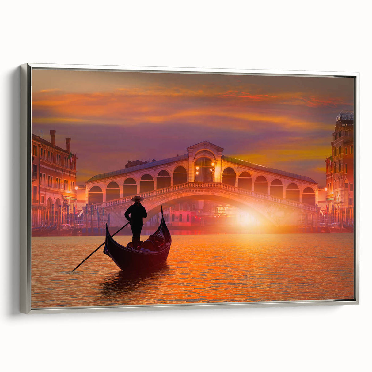 Framed canvas landscape art painting of Venice with colorful buildings and gondolas, ideal for living room decor.