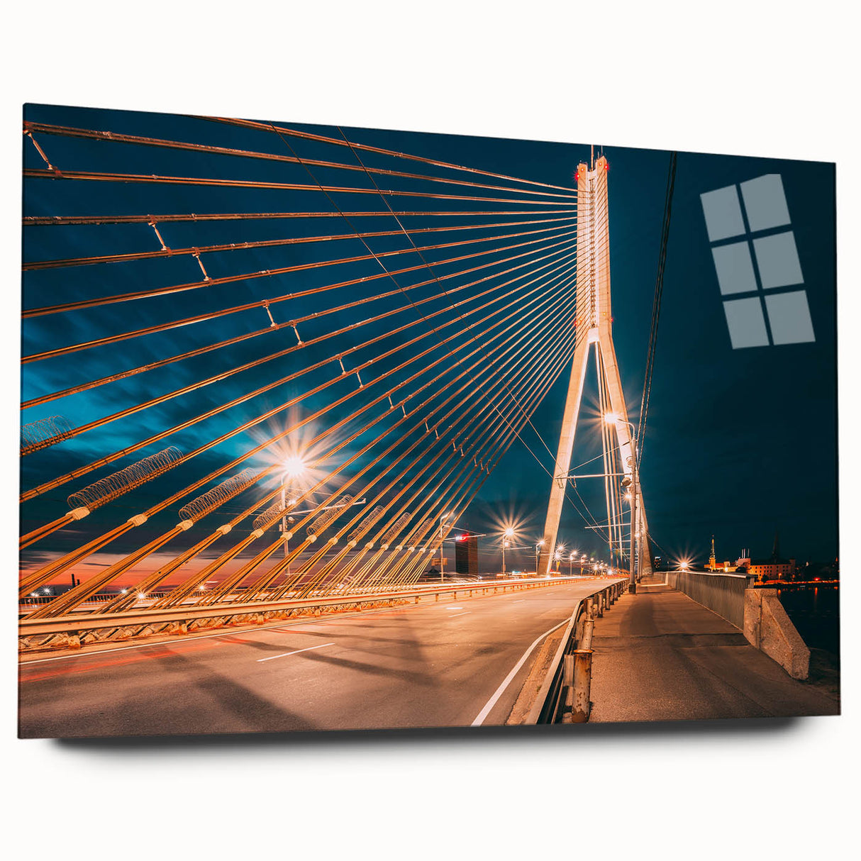 Large abstract wall art of a European scenery in Latvia, rendered in muted blue and green hues on acrylic glass.