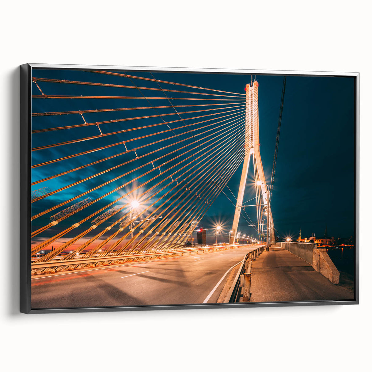 Black and white framed canvas of a vintage European landscape, ideal for bedroom wall decor.