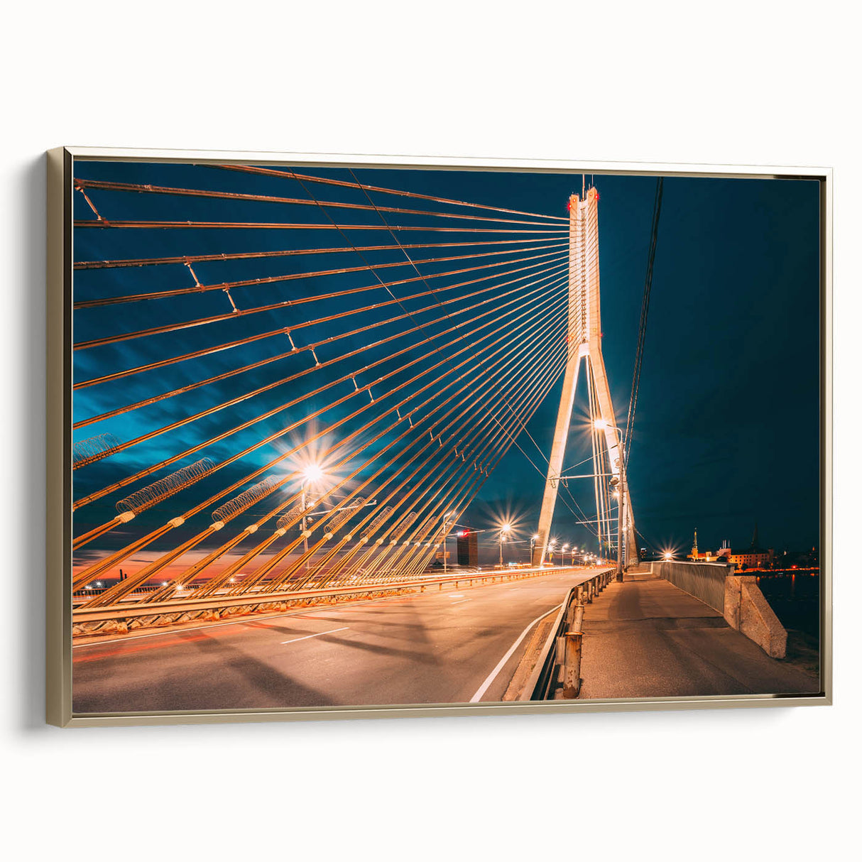 Framed canvas of a vintage-style landscape painting depicting a serene Latvian scene, with muted earth tones.
