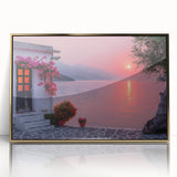 Art Deco style poster of the Mediterranean Sea, in muted blue and gold tones, framed in acrylic.