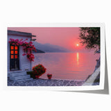 Rolled print of a Mediterranean seaside scenery with vibrant blue water and sky, ideal for art wall dining room.