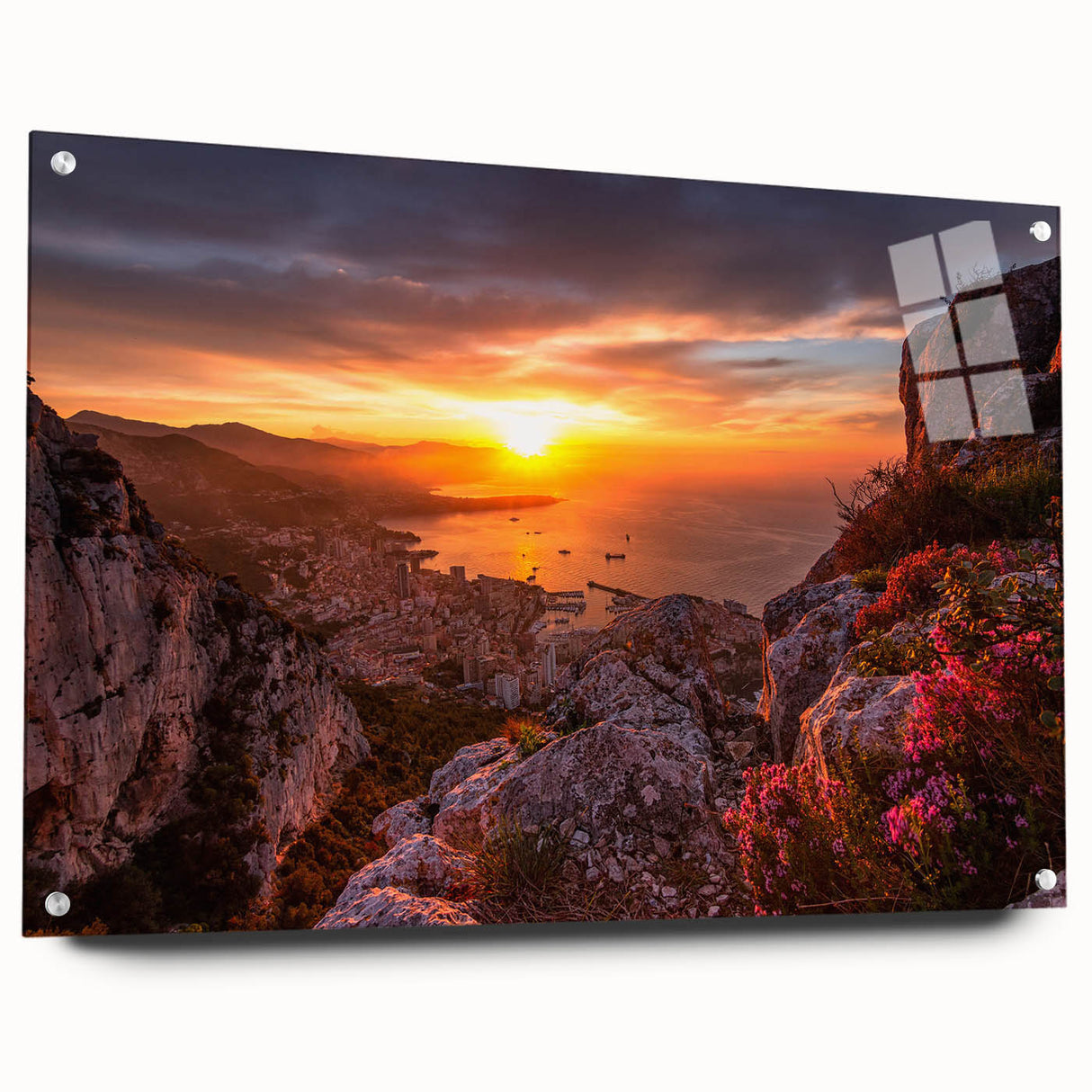 Acrylic print of a Monaco scenery in muted blue and green tones, ideal for dining room decor.