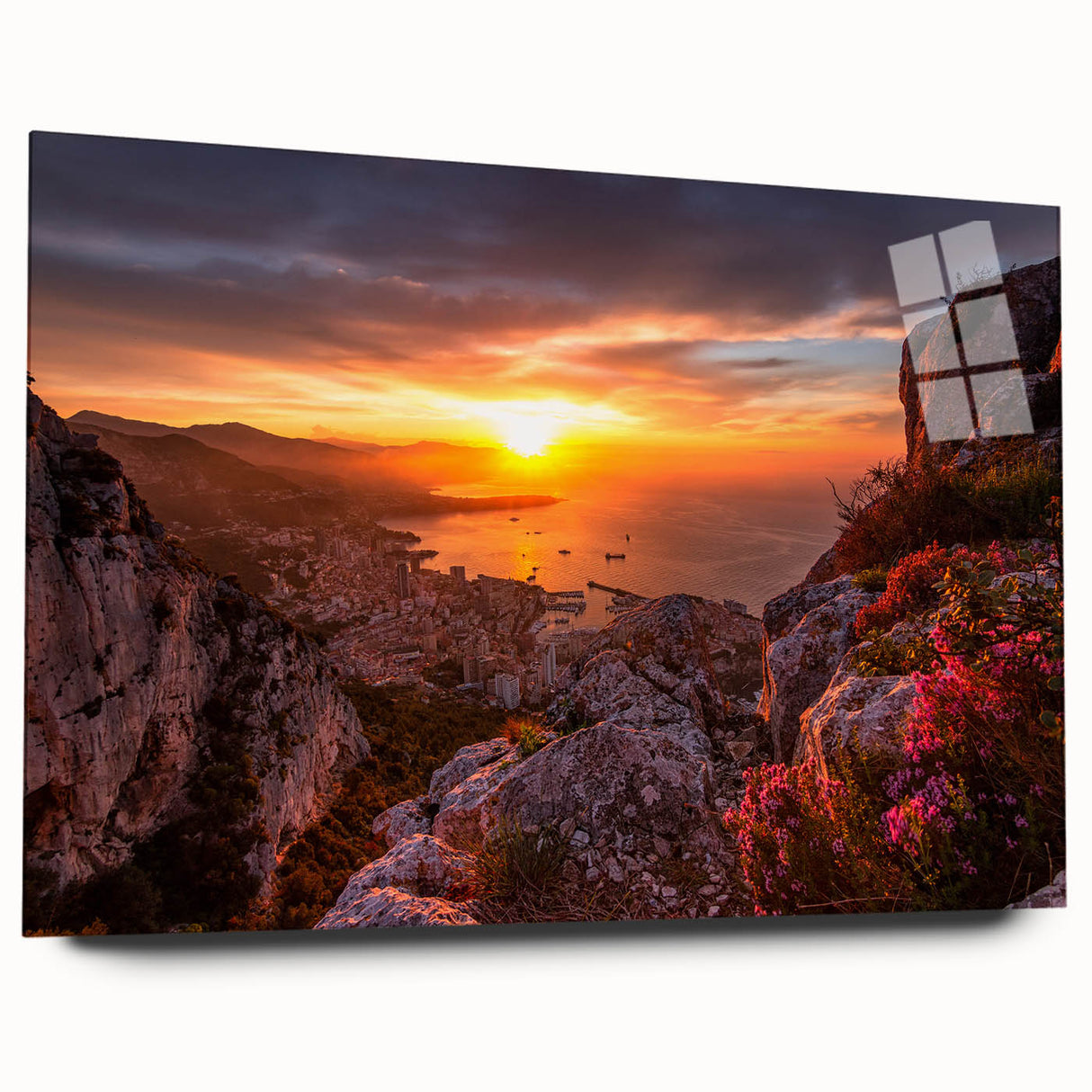Large abstract depiction of Monaco scenery in muted blues and greens on acrylic glass, ideal for bedroom or dining room art.
