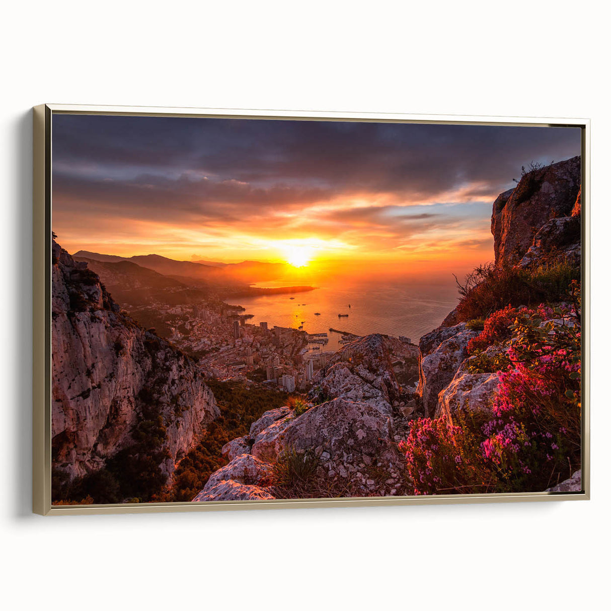 Framed canvas featuring a vintage-style landscape painting of Monaco, with muted gold and black tones.