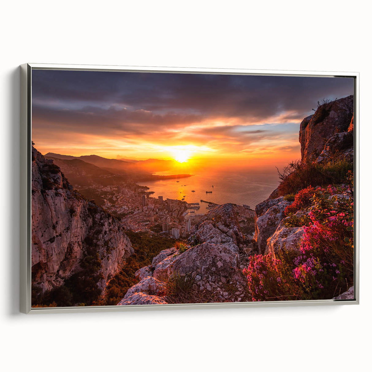 Vintage poster-style landscape art painting of Monaco on a framed canvas, featuring colorful art with black accents.