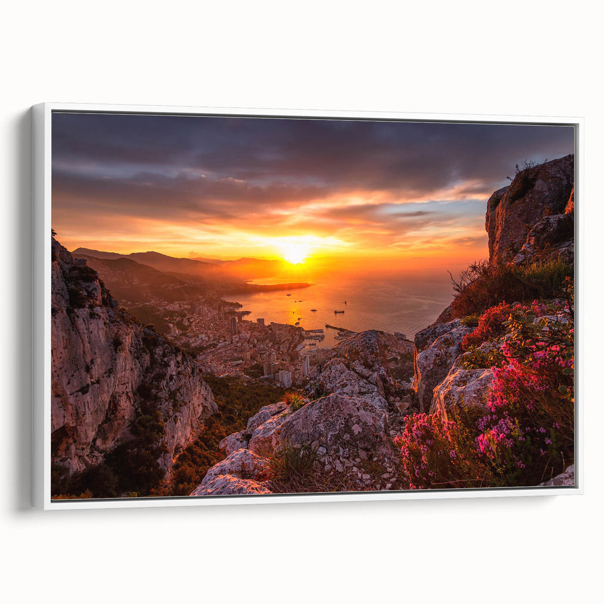 Vintage poster art of Monaco scenery on extra large framed canvas, featuring colorful art against a black background.