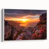 Vintage poster art of Monaco scenery on extra large framed canvas, featuring colorful art against a black background.
