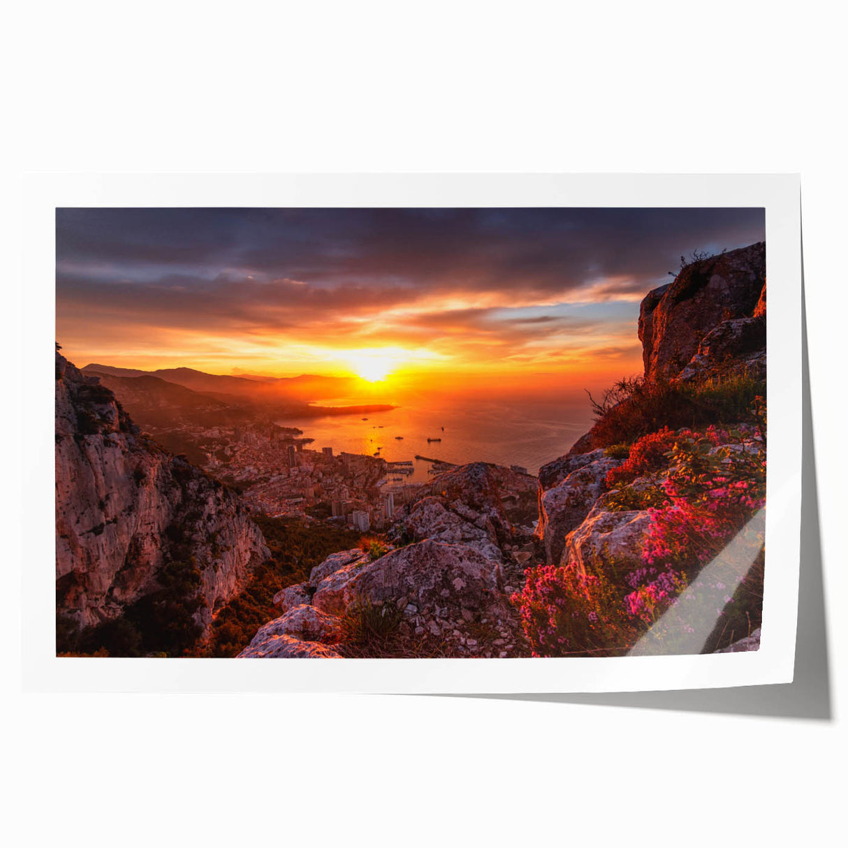 Rolled print of a vibrant Monaco scenery with floral accents, in pastel shades, ideal for art wall dining room.