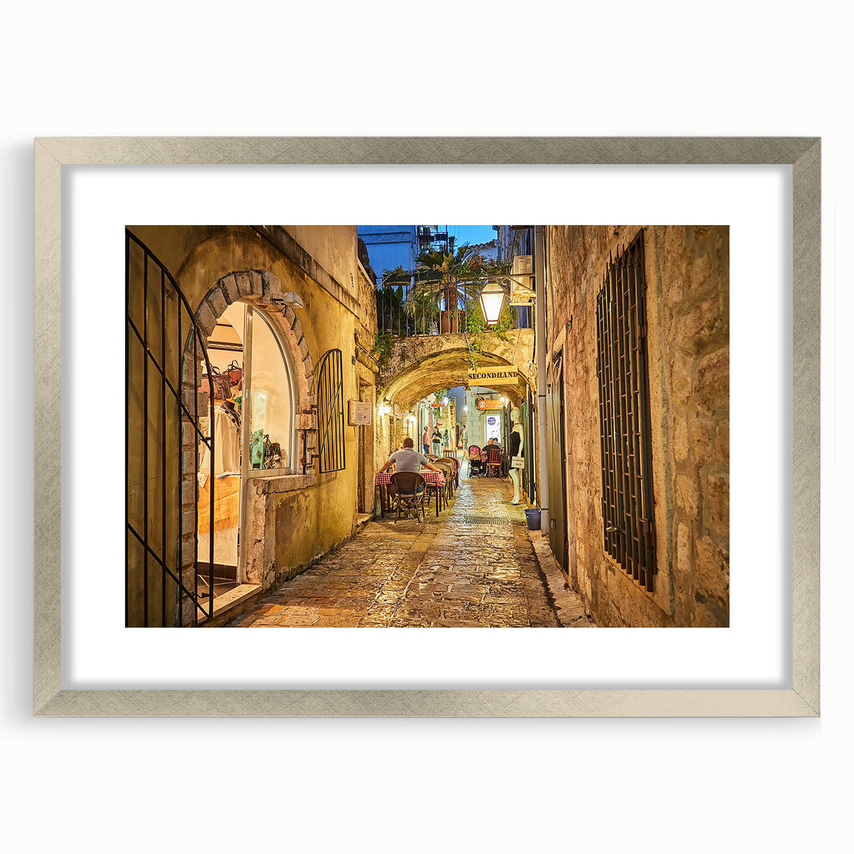 Textured abstract art print of a European scenery in Montenegro, displayed in a silver frame with mat.
