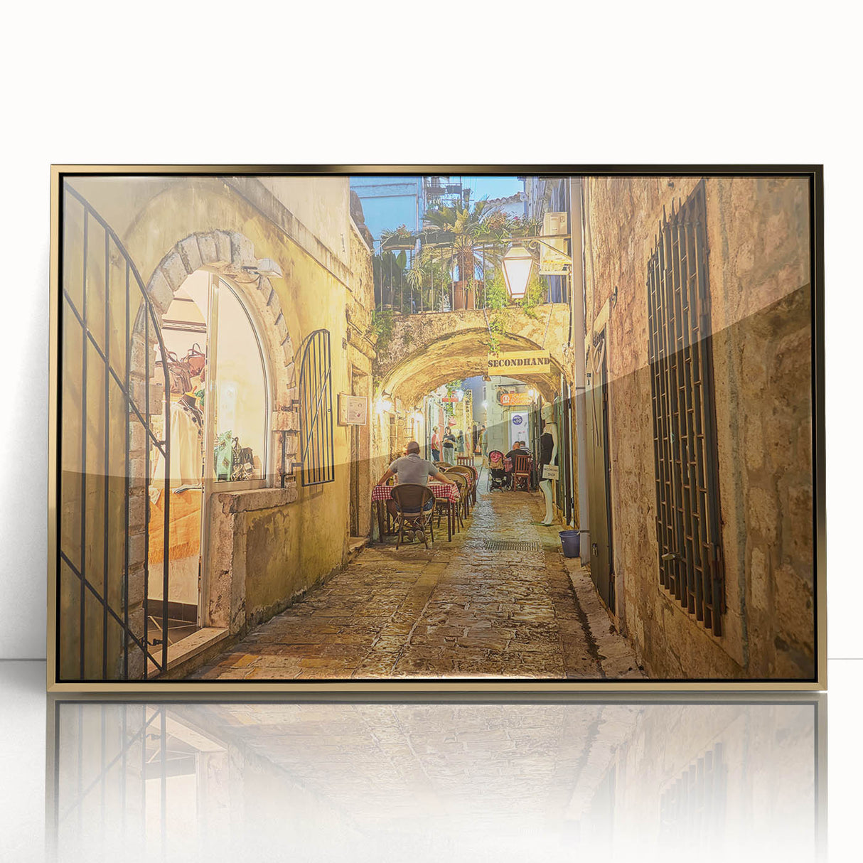 Large art print of a European Montenegro scenery in gold framed acrylic, mid-century modernist style.