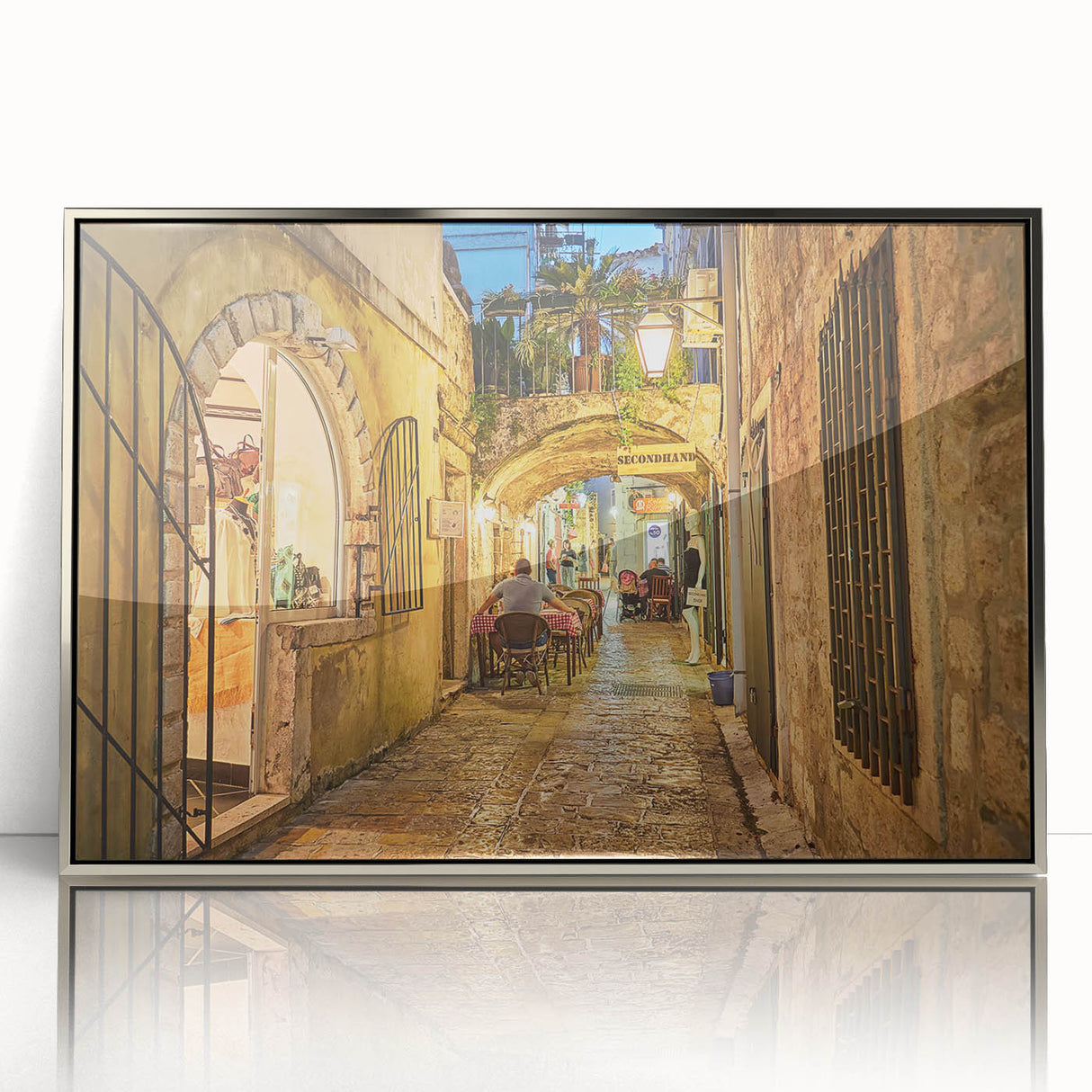 Mid-century modernist art depicting a serene Montenegro landscape in muted earth tones on a silver-framed acrylic print.