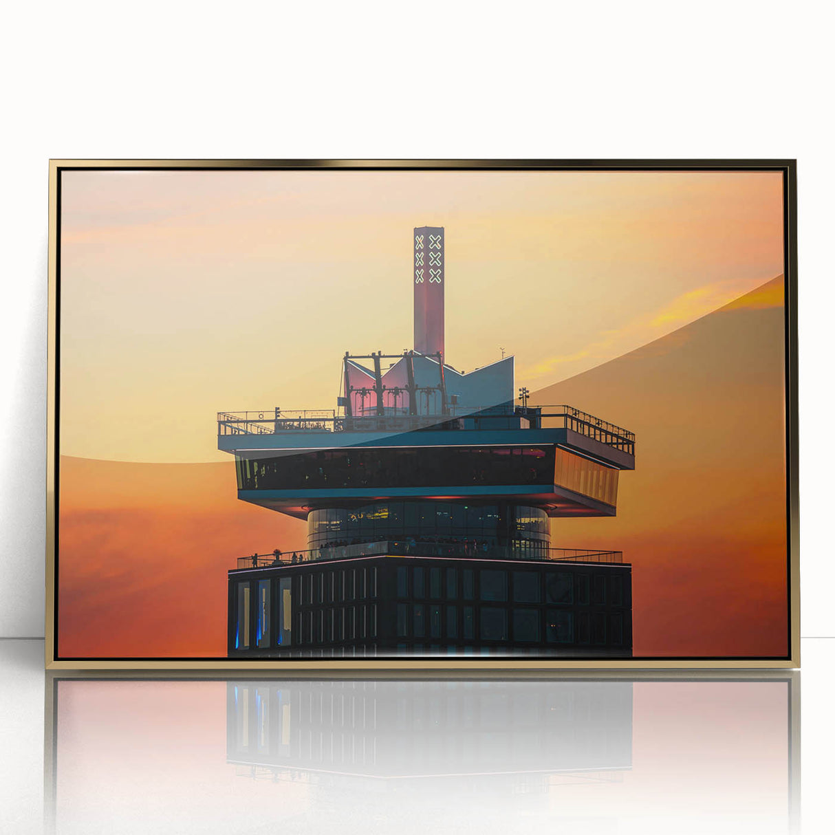 Art deco poster of Amsterdam scenery in gold frame, featuring muted earth tones, ideal for modern art wall decor.