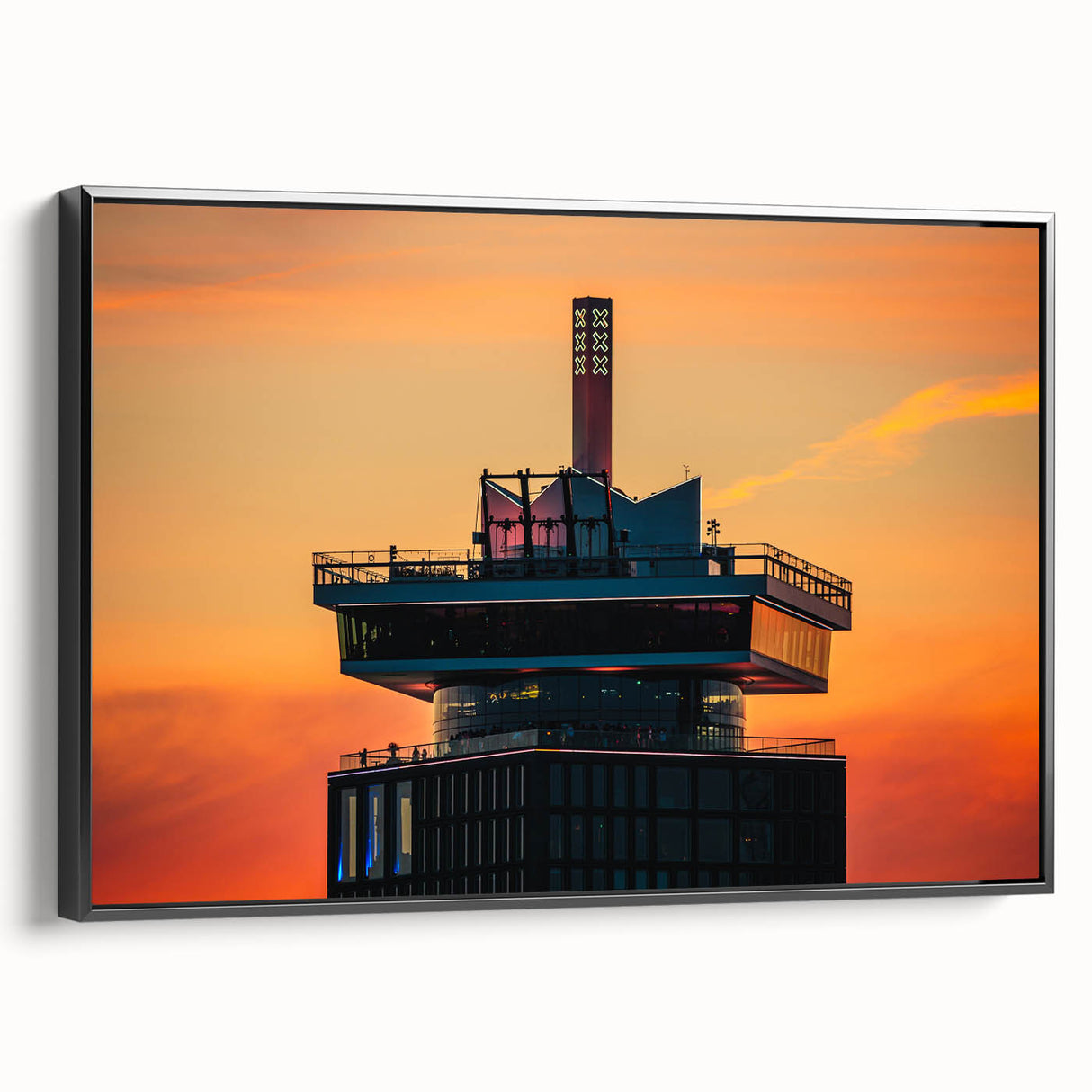 Black and white framed canvas of Amsterdam landscape with vintage poster art style, ideal for bedroom decor.
