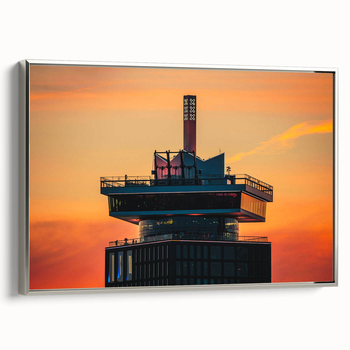 Landscape art painting of Amsterdam with colorful buildings and canals, framed in silver, ideal for living room decor.