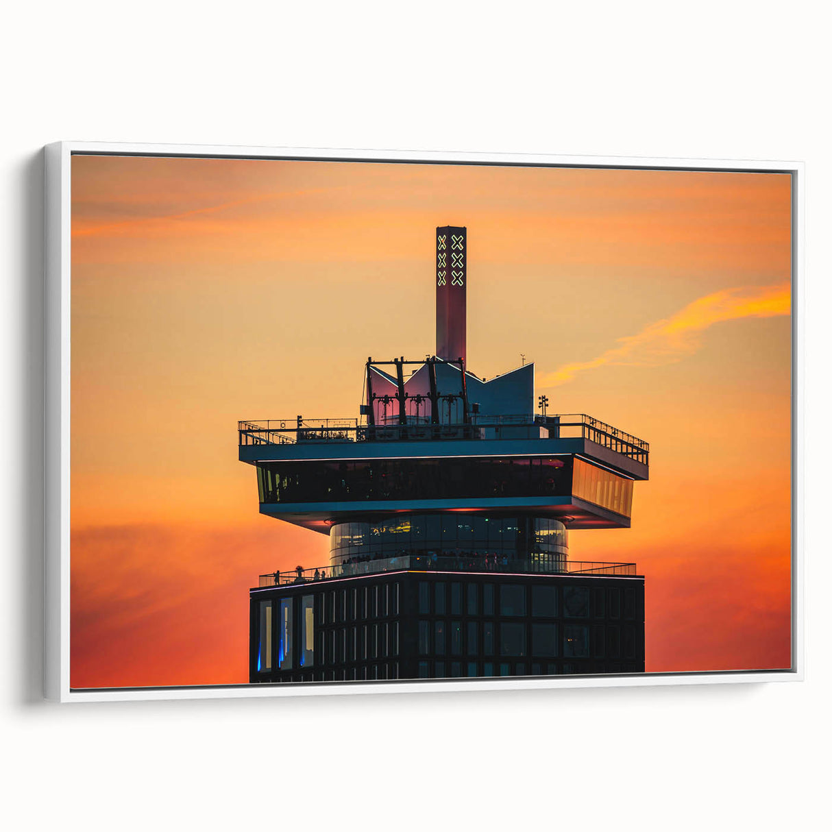 Vintage poster art of Amsterdam with colorful buildings on black framed canvas, ideal for living room decor.