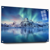Acrylic print of a Norwegian landscape in muted blue and green tones, suitable for bedroom or dining room decor.