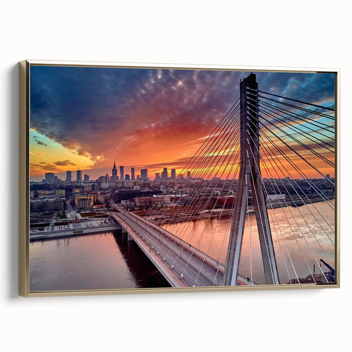 Framed canvas depicting a vintage-style Polish landscape in muted gold and black tones, suitable for bedroom decor.