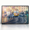 Large abstract wall art depicting Lisbon's cityscape in muted gray and blue tones, framed in black acrylic.