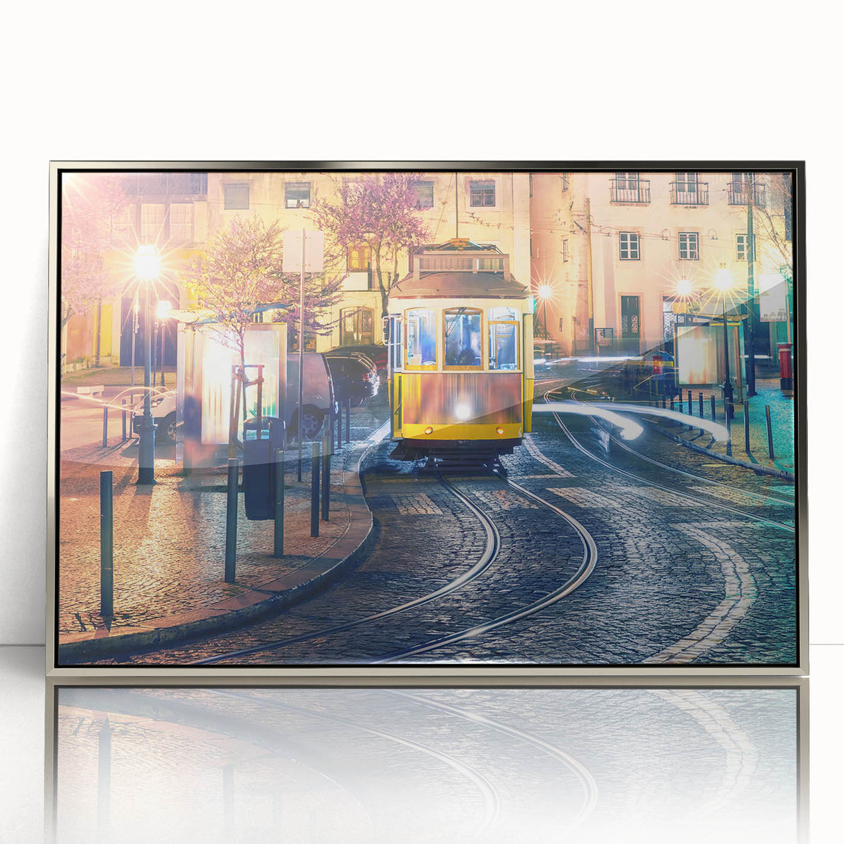 Large art print of Lisbon scenery in muted earth tones on acrylic, framed in silver, suitable for modern art wall decor.