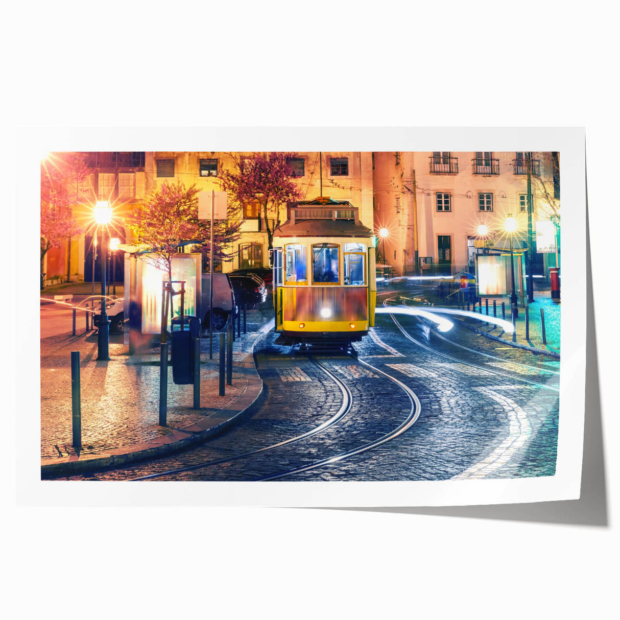 Rolled print of Lisbon scenery with soft pastel shades, ideal for art wall dining room placement.