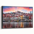 Black and white framed canvas of Porto landscape with vintage poster art style, ideal for bedroom decor.