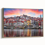 Framed canvas featuring a vintage poster art of Porto landscape in black and gold tones, ideal for bedroom decor.