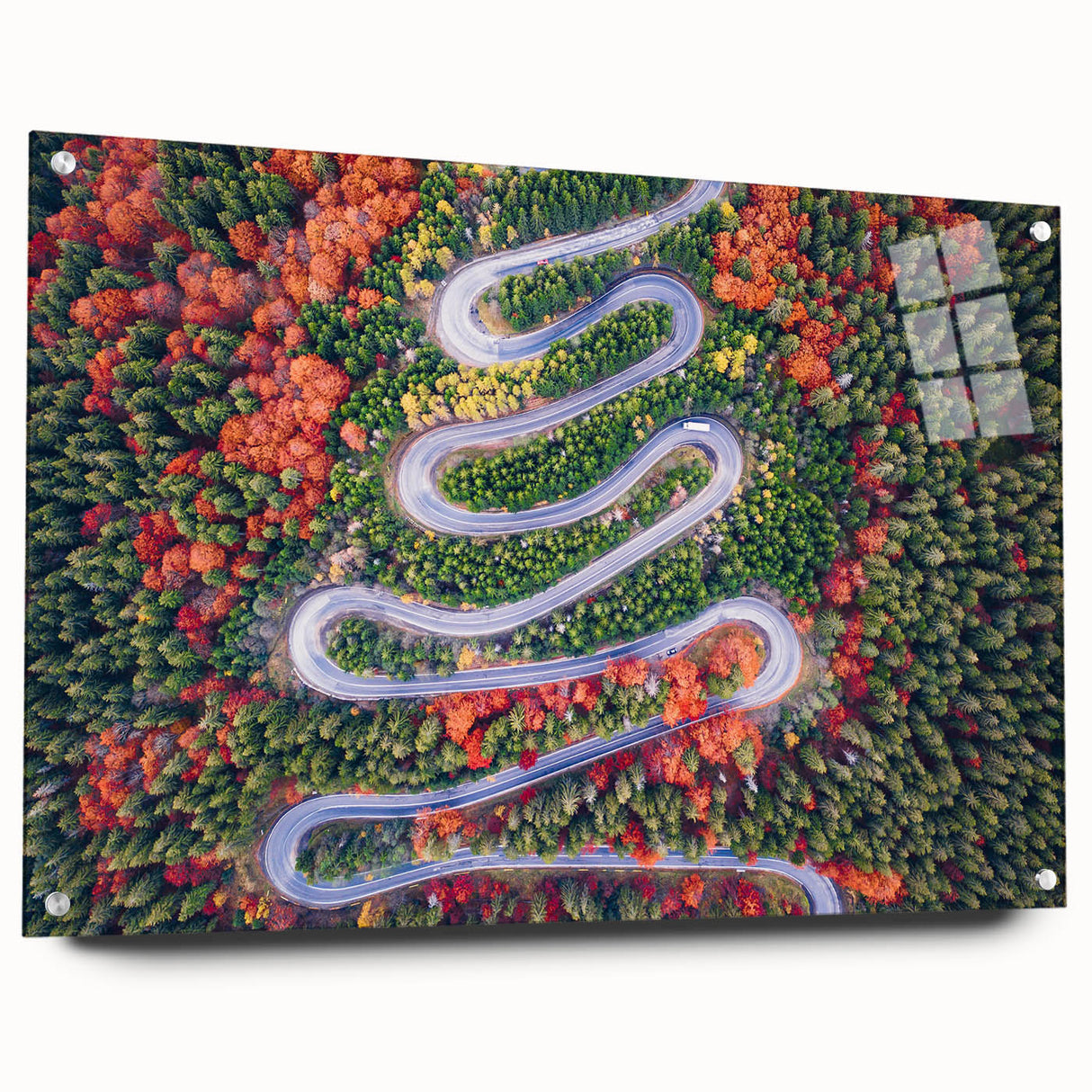 Acrylic print of a Romanian landscape featuring lush greenery and a distant village, ideal for dining room decor.
